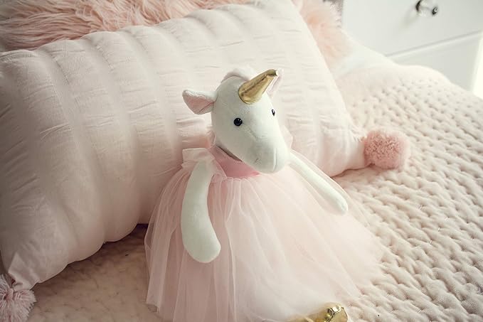 Ella The Unicorn Premium Quality Stuffed White Unicorn Plush Doll with Golden Horn, Hooves & Flowing Pink Mane & Soft Tail | Playable Toy with Movable Legs with Huggable Arms