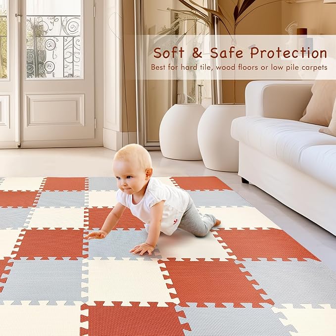 TCBunny Kids Soft EVA Foam Jigsaw Puzzle Play Mat, 18 Interlocking Tiles and Edges Baby Play Mat, for Kids Gym, Nursery, Playroom, Pet Mat, Total Floor Coverage 16 Sq Ft