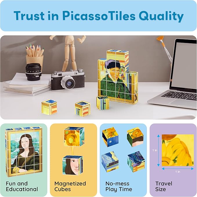PicassoTiles 20pcs 1” Magnetic Puzzle Building Cubes Blocks for Kids, Van Gogh, Mona Lisa Hand Puzzle, STEM Magnet Toy Mix&Match Educational Popular Art Kids Toys 3+ Year Old boy Girl PMC20