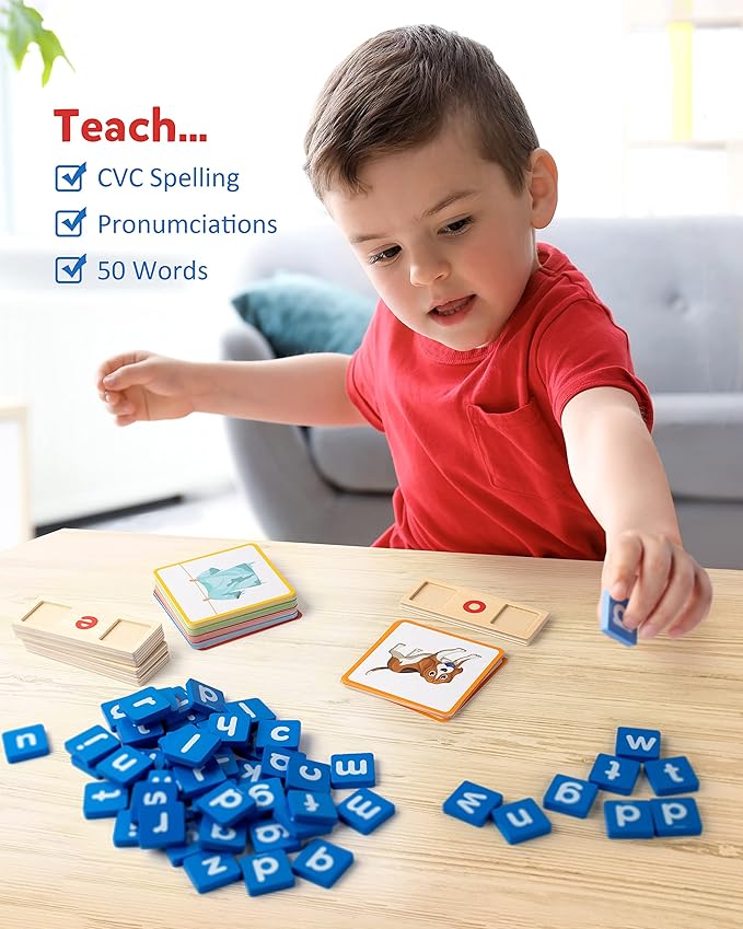 Coogam Wooden Short Vowel Reading Letters Sorting Spelling Games, Site CVC Words Learning Flashcards Alphabet Puzzle Montessori Educational Toy Gift for Kids 3 4 5 Years Old
