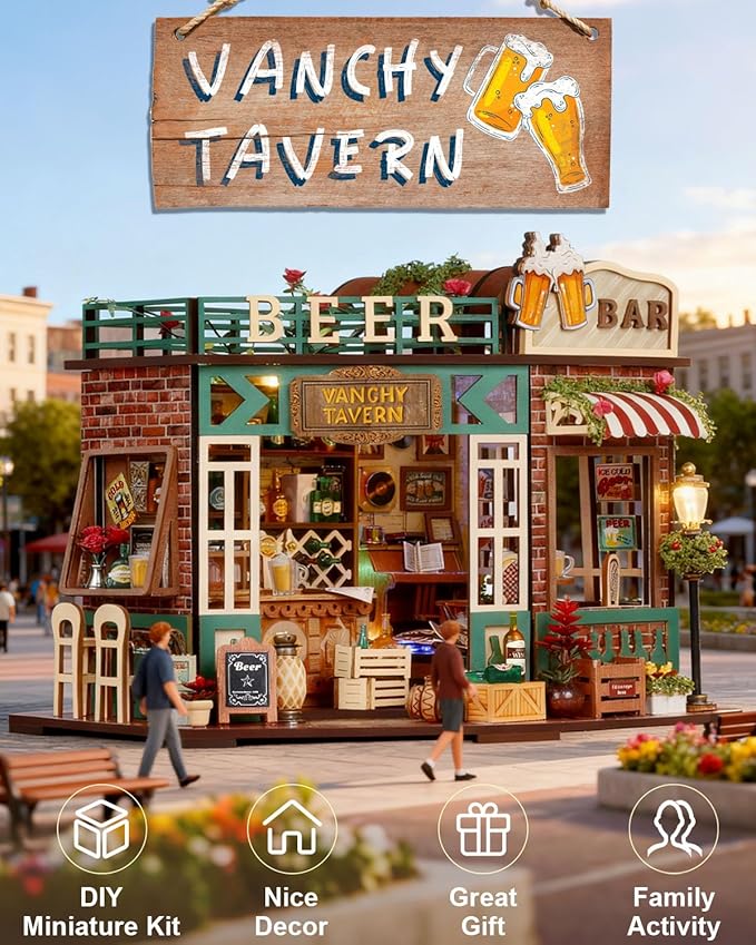 Miniature House Kit – Vanchy Tavern, DIY Wooden Dollhouse for Adults with LED & Furniture, Tiny House for Teens Families Friends