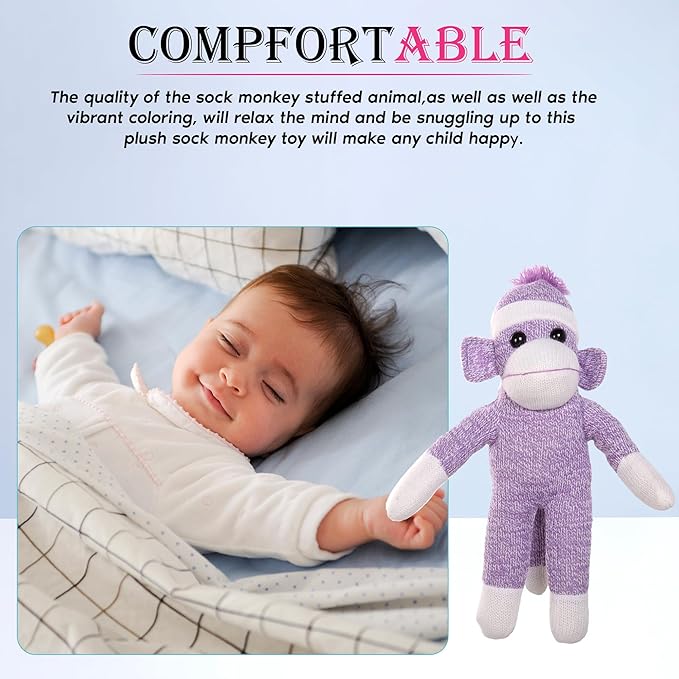 Adorable Sock Monkey, The Original Traditional Hand Knitted Stuffed Animal Toy Gift-for Kids, Babies, Teens, Girls and Boys Baby Doll Present Puppet (16" Purple)