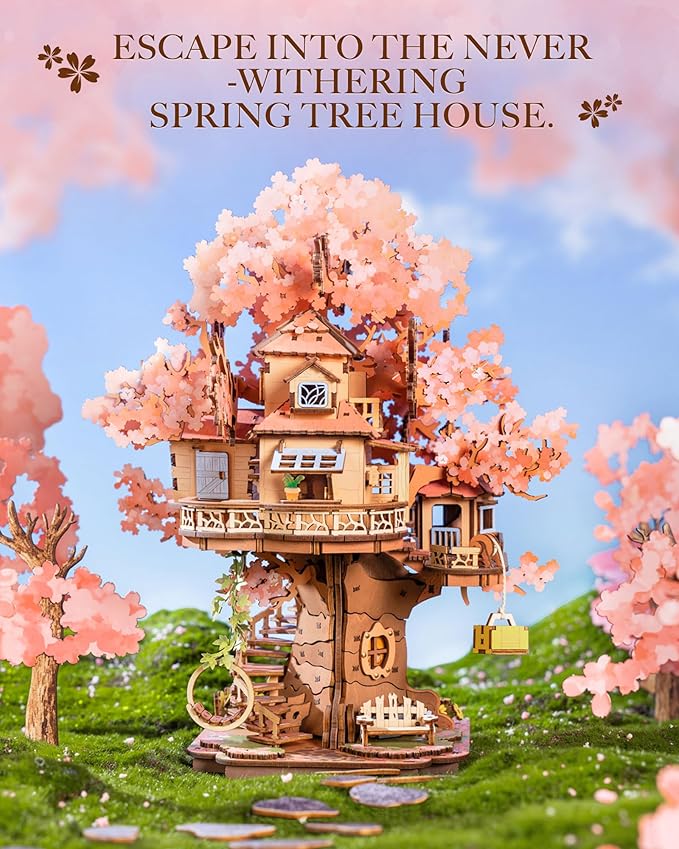 Rolife DIY Miniature House Kits Sakura Tree House 12" 3D Wooden Puzzles for Adults, Japanese Cherry Blossom Model Building Kit, Bonsai Craft Home Decor Gifts for Adults Family