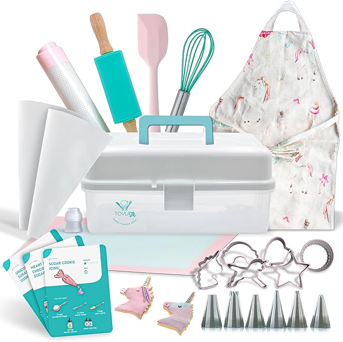 Tovla Jr. Kids Baking Gift Set with Storage Case - Unicorn Baking Gift Set for Kids-Real Cooking Utensils for Cookie, Cupcakes and Decorating