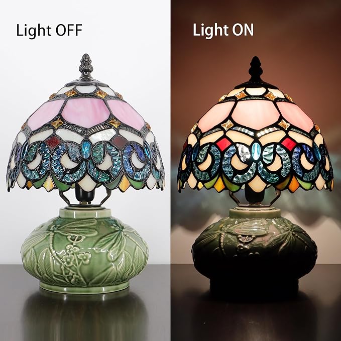 Small Tiffany Lamp Mushroom Table Lamp, Mini Stained Glass Desk Light Memory Sympathy Ceramic lamp 8X11 Inch (Pink Baroque Style)