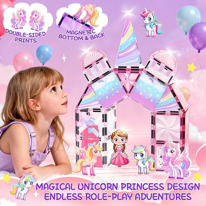 Diamond Magnetic Tiles Unicorns Princess Castle with Magnetic Art Decor Kit, Unicorn Toys for Girl 3 4-6-8, Magnet Tiles for kids 4-8 5 6 7+ Girl Gifts,Magnet Toys Include 5 Dolls,Rainbow,Candy,Decors