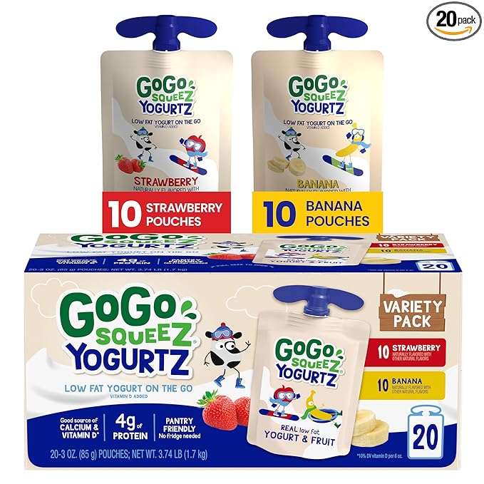 GoGo squeeZ yogurtZ Variety Pack, Strawberry & Banana, 3 oz (Pack of 20), Kids Snacks Made from Real Yogurt and Fruit, No Fridge Needed, Gluten Free, Nut Free, Recloseable Cap, BPA Free Pouches