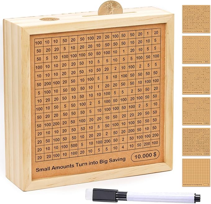 Money Saving Box with 10,000, 5000, 3000 Dollars Target, Money Vault Savings 10k, 5k, Savings Challenge Box with Money Target and Numbers, Cash Vault Wooden Savings Box