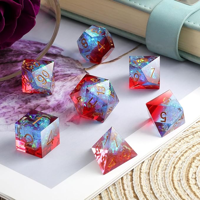 Shiny D&D Dice,DNDND Handmade Double Layers Sharp Edge Die with Gift Case for D&D Dungeons and Dragon Games (Red and Blue)