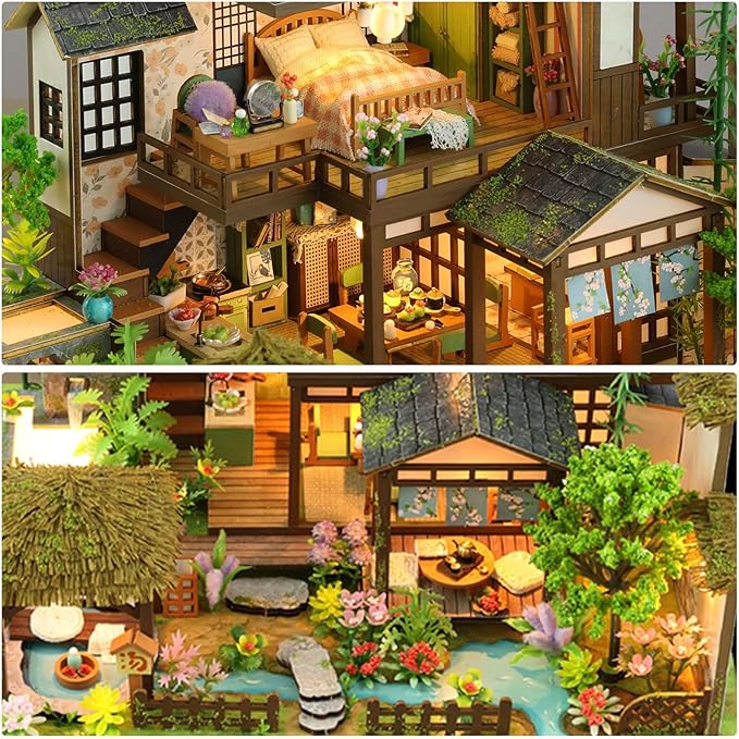 Miniature House Kit, Tiny House Kit with Light, DIY Mini House Building Kits for Adults to Building, Unique Gift for Birthday Christmas, Bamboo Spring Courtyard