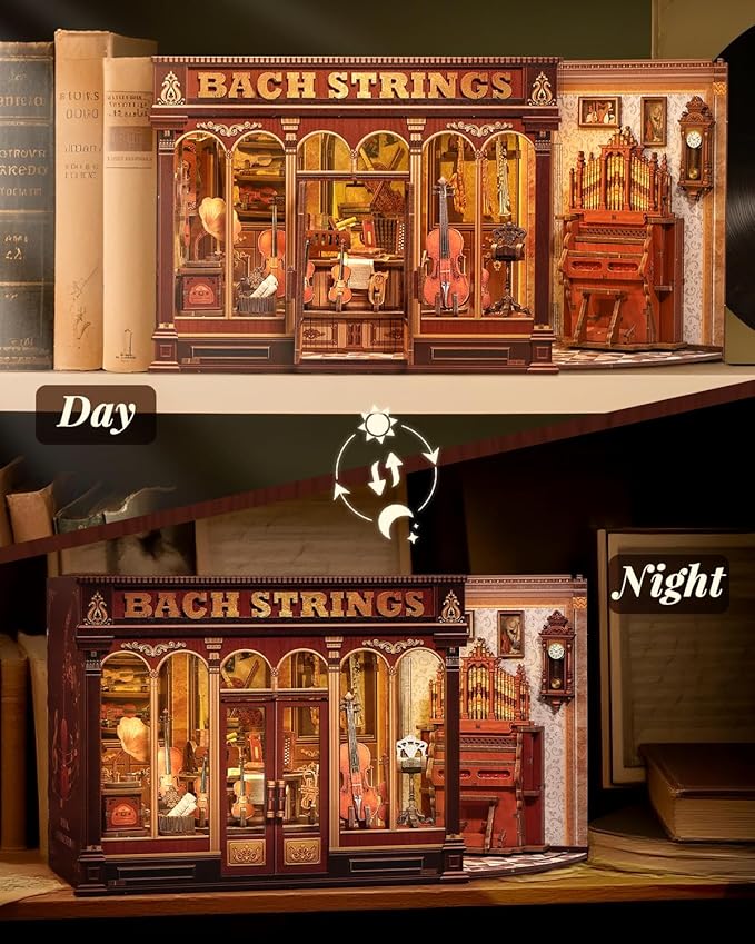 Book Nook Kit, 3D Wooden PuzzleDIY Miniature House Kits for Adult and Teens, Tiny House Building Kit Booknook Bookshelf Decor, DIY Craft Gifts for Family and Friends & Music Lovers (Bach Strings)