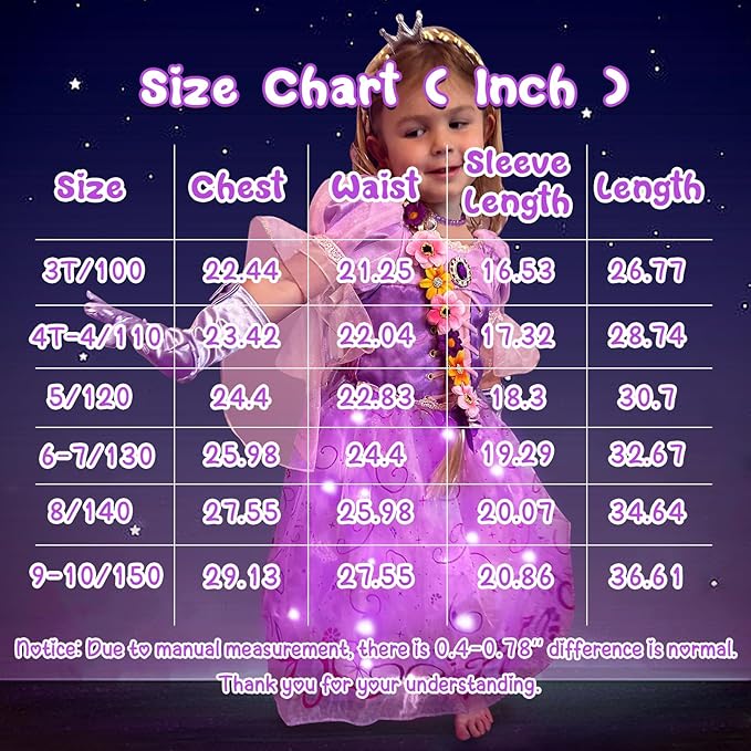 Light Up Princess Dress for Girls Purple Lighted Princess Costume Fancy Halloween Dress Up Cosplay Party Carnival