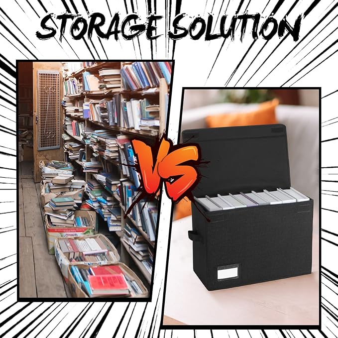 Chuangdi 6 Pcs Comic Book Storage Boxes, Back to School Collapsible Comic Short Box Case with Lid, 15.8 x 7.9 x 11.4 Inch Book Bin Container Holds 150 Comics(Black)