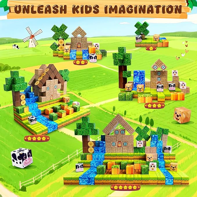 Magnetic Blocks Building Toys for Kids: Magnetic Blocks for Kids Ages 3-4, 8-12, 1" Magnet Cubes STEM Toys for Boys & Girls,Christmas Birthday Gifts for Toddler Ages 3+, 48PCS Blocks Farm Theme