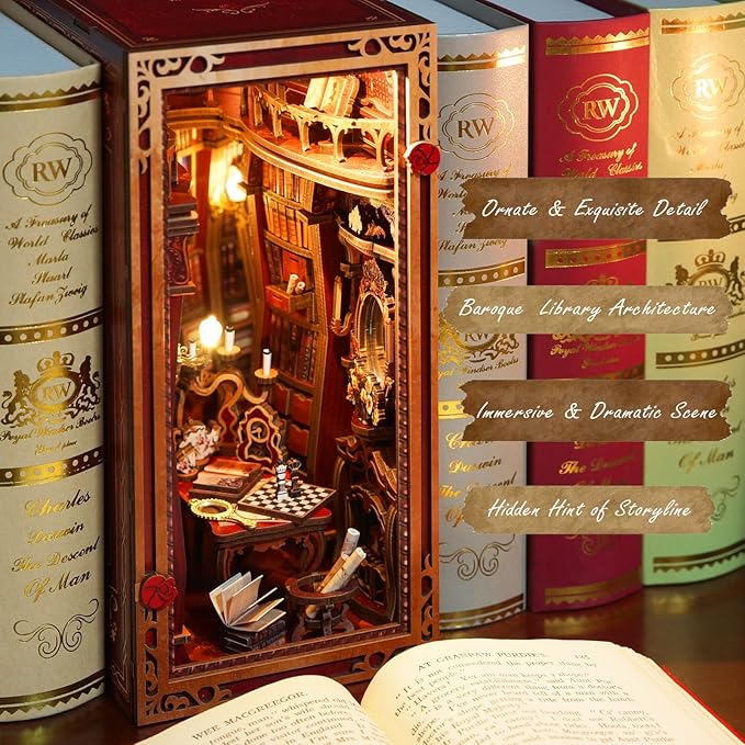 DIY Book Nook Kit, Beauty and The Beast, Dollhouse Miniature, Booknook Bookshelf Insert Decor Alley 3D Wooden Puzzle, Bookends Model Building Kit with LED Light for Adults, Enchanted Library