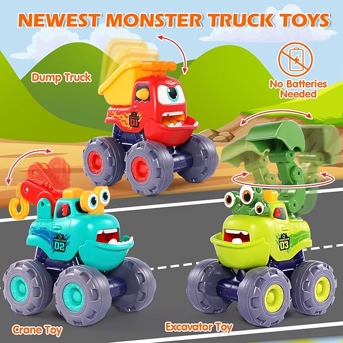 OCATO Monster Truck Toys for 1 2 3 Year Old Boy Birthday Gift, Outdoor Construction Toy Trucks Pull Back Cars for Toddlers 1-3, 1st Birthday Gifts 1 2 3 Year Old Boy Toys Baby Toddler Xmas Gifts Kids