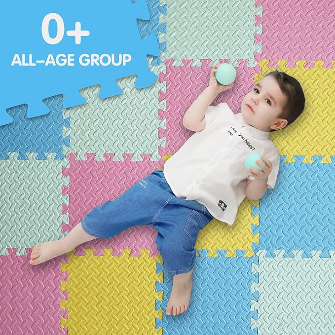 16 Tiles Foam Play Mat for Baby, Soft & Safe EVA Foam Mats for Floor, Square Baby Play Mat, Colored Kids Foam Puzzle Floor Mat, 47x47 Play Mat for Playpen(Pink/Yellow/Light Blue/Green)