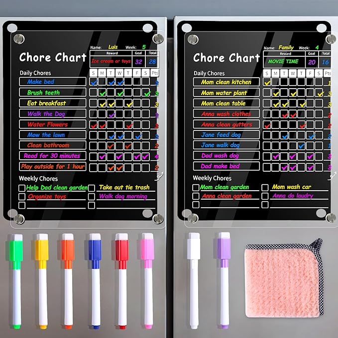 2Pcs Acrylic Magnetic Chore Chart for Kids & Adult，12" x 9.5" Behavior Responsibility Reward Chart，at Home Clear Dry Erase Refrigerator Board for Multiple Kids & Teens(w/ 8 Markers & Towel)