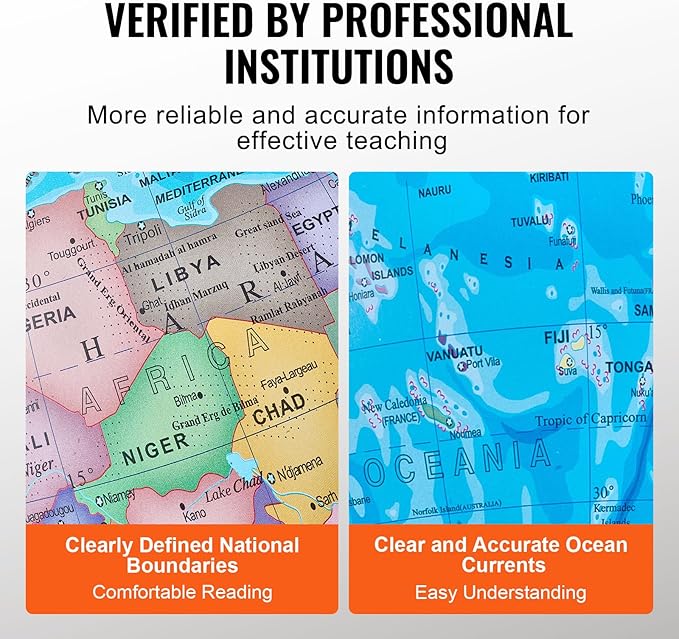VEVOR Rotating World Globe with Stand, 13 in/330.2 mm, Educational Geographic Globe with Precise Time Zone ABS Material, 720° Spinning Globe for Kids Children Learning Classroom Geography Education