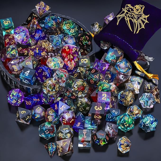 QMAY Resin Mystery Dice Set, 7 Pcs Handmade Sharp Edge Polyhedral Dice, Random Various Styles DND Dice & Dice Bag, DND Gifts, Suitable for Dungeons and Dragons, RPG, MTG,Role Playing Table Game