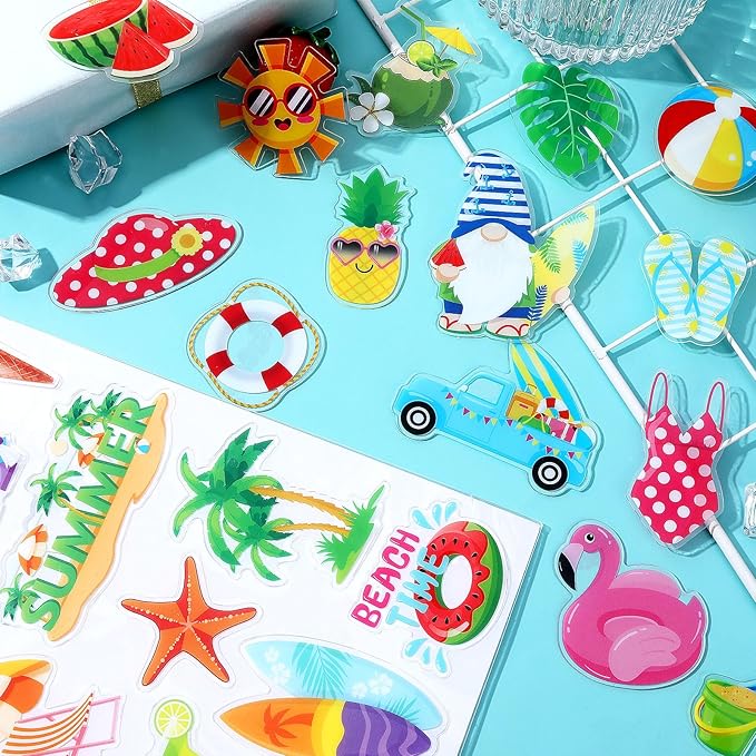 MARFOREVER 50 PCS Summer Window Thick Gel Clings Stickers Reusable Hawaiian Tropic Window Clings Decals for Classroom Nursery Home Summer Beach Pool Party Supplies Decorations