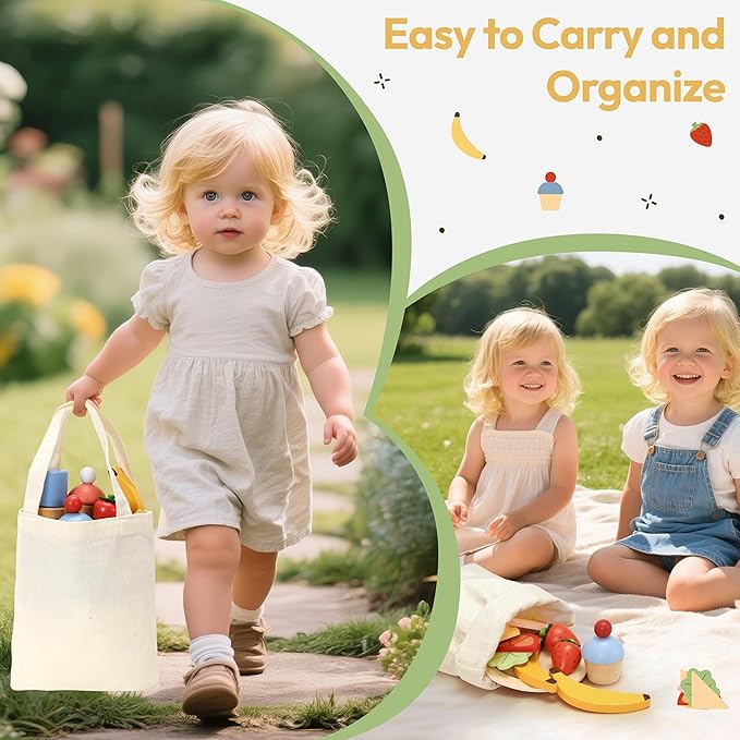 Wooden Picnic Play Set for Kids, 30-Piece Pretend Play Food Toy with Thermos, Sandwiches, Fruits, Utensils, Canvas Carry Bag & Blanket, Pretend Play Kitchen Accessories for Toddlers Age 3+