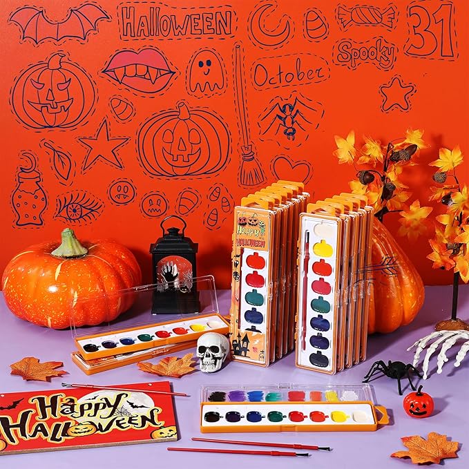 48 Pack Halloween Pumpkin Watercolor Paint Set for Kids 8 Washable Colors with Brushes Water Color Painting Kit for Halloween Painting Kit Gift Party Supplies