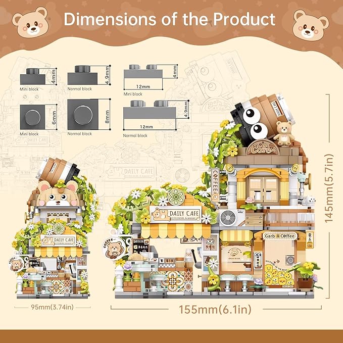 Creative Brick Box Street View-Coffee Shop Mini Building Toy Animals Interactive for Kids, Simulation Architecture Toy for Girls and Boys Ages 6+ - Gift Easter, Birthday, Christmas (1077 PCS)