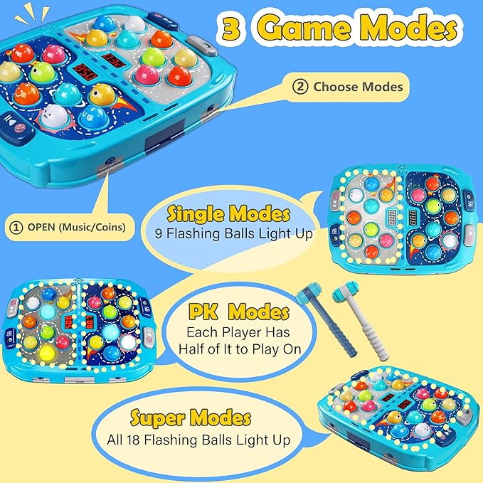 2-Player Whack Game Mole Toy for Kids Ages 3+, 11x15in Early Learning Toy with Lights & Sounds, Interactive Pounding Bench with 9 Speed Levels, Perfect for Families with Multiple Kid of Different Ages