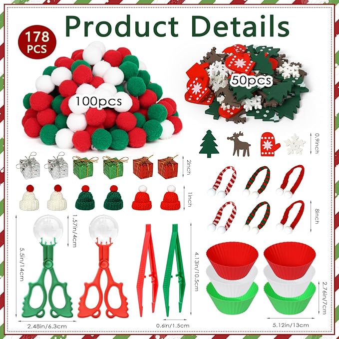 178 Pcs Christmas Sensory Bin Items Christmas Tree Hat Gift Box Counting Sorting Sensory Bin Filler Fine Motor Red Green Counts for Xmas Counting Decor