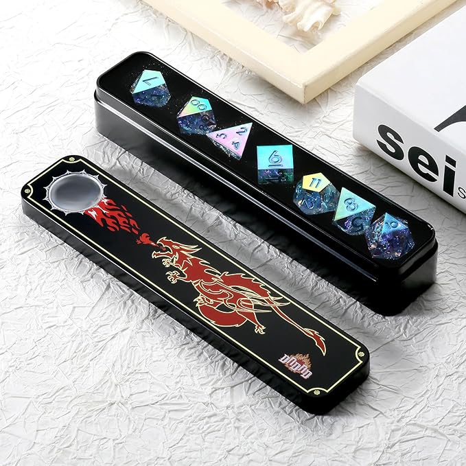 Iridescent Plating Sharp Resin Dice, DNDND 7PCS Handmade DND Sharp Edge Dice with Gorgeous Gift Case for Dungeons and Dragon Tabletop Games (Iridescent Plating Transparent)