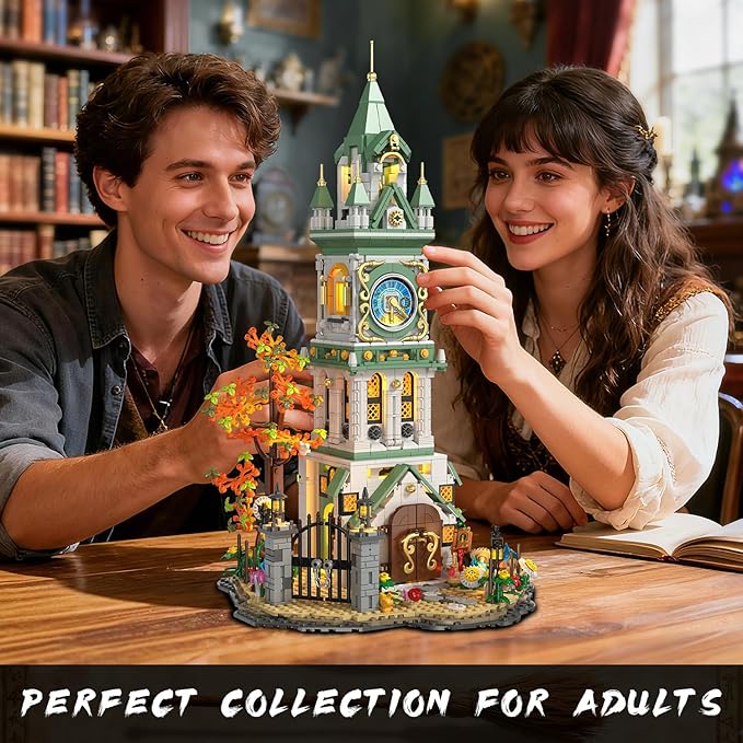 Magic Clock Tower Building Set with Light, 1566 PCS Big Medieval Castle House Construction Model with Owl & Garden, Home Decor Building Block Kit, for Adults Teens Boys Girls 12+