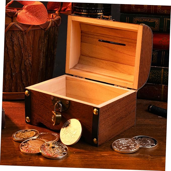 Toyvian Box Treasure Chest Money Safe for Cash Saving for Adults Wooden Treasure Vintage Wooden Trunk Piggy Bank Organizer with Lock Jewlery Kids Toys Craft Boy Miss Metal Wedding Necklace