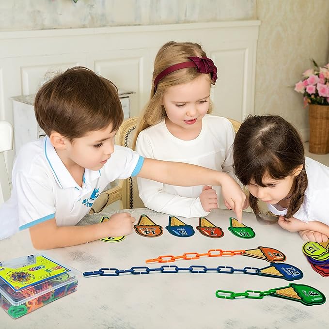 Chain Link Math Manipulatives - 240 C Clips Plastic Chain Links & 20 Ice Cream Cards for Counting & Linked Math Game - Learning Resources for Kindergarten Sensory Bin Math Links Counting Toy