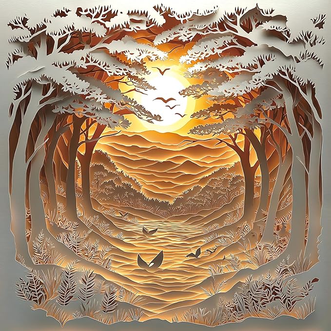 500 Piece Jigsaw Puzzle for Adults Layered Paper Art Sunset Forest Mountain Nature Landscape Challenging Puzzle for Adults Families (20" x 20")