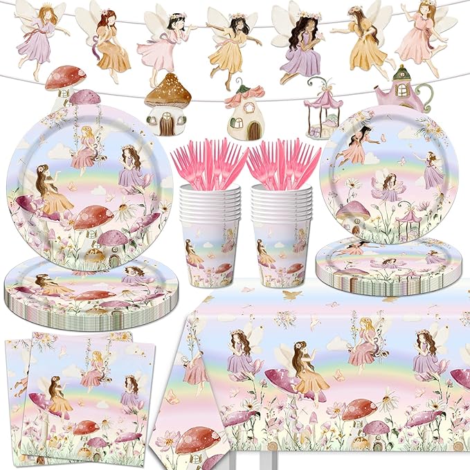 Fairy Party Decorations Tableware, 142pcs Fairy Birthday Party Decorations Plates and Napkins Cups Tablecloth Flower Fairies Banner for Enchanted Forest Garden Birthday Baby Shower Decorations