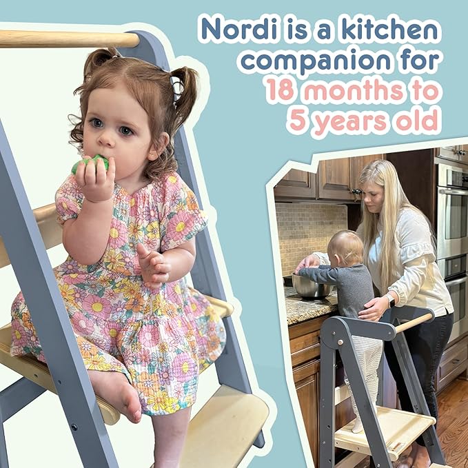 Nordi Foldable Toddler Kitchen Tower, Montessori Kitchen Stools Helper, Standing Tower with 3 Adjustable Heights, Suitable Age for 2-6 Years, Grey