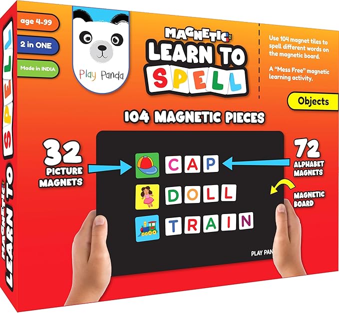 Magnetic Preschool learning Toys for Toddlers Aged 3 4 5 6 Years Old Learn to Spell Objects|104 Magnet Pieces-32 Picture & 72 Letters with Magnet Board & Spelling Game Guide|Educational Toy for Kids