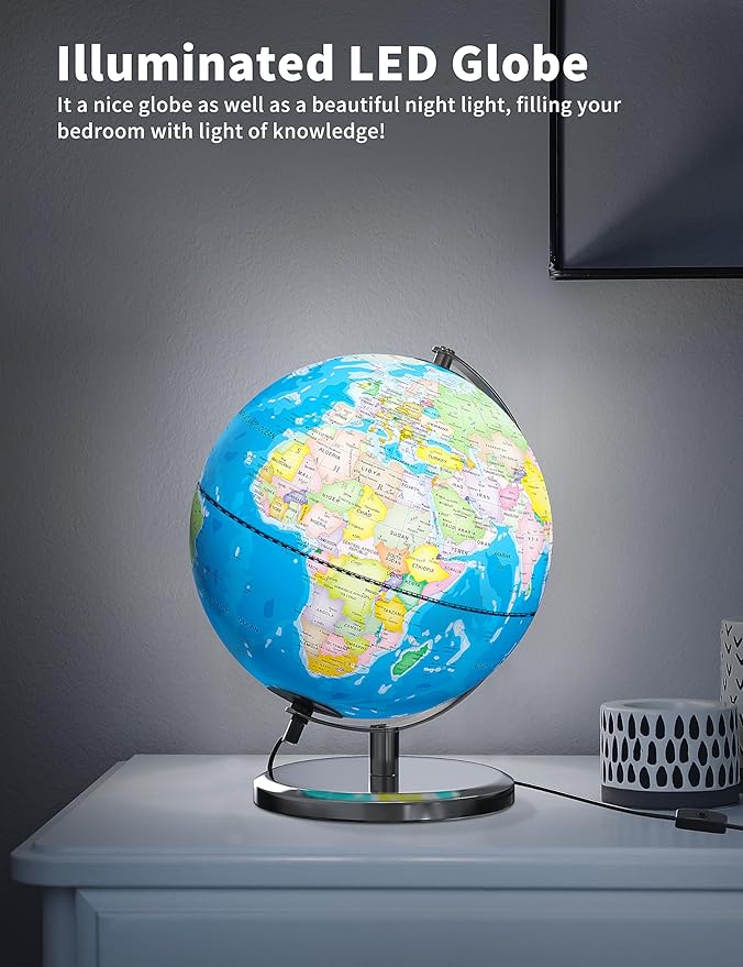 9" Illuminated World Globe with Stand, Educational Globes for Kids Learning, Colorful HD World Map Details, LED Globe Lamp for Living Rooms Decor
