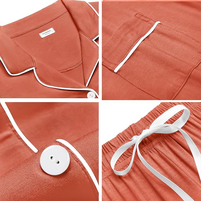 SWOMOG Womens Button Down Pajamas Set Short Sleeve Sleepwear Bride Soft Pj Lounge Sets XS-3XL