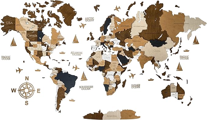 Wooden World Map 3D Art Large Wall Decor - Size (M & L & XL) Any Occasion Gift Idea - Wall Art For Home & Kitchen or Office (COFFEE, 63,00" x 33,46")