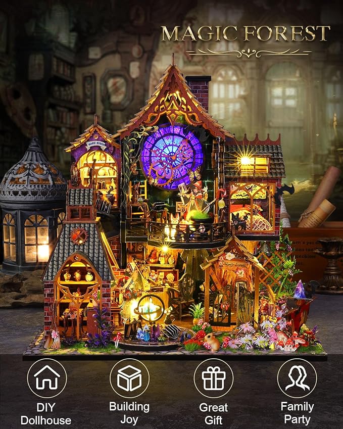 Miniature House Kit Magic Forest, DIY Mini House Building Kit, Miniature Kit for Adults with Furniture and LEDs, Great Gift for Girls Teens Family