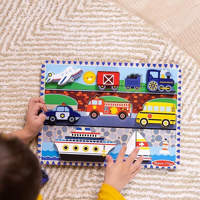 Melissa & Doug Vehicles Wooden Chunky Puzzle (9 pcs), Educational Screen Free Activity for Toddler, Preschoolers And Kids Ages 2+- FSC Certified
