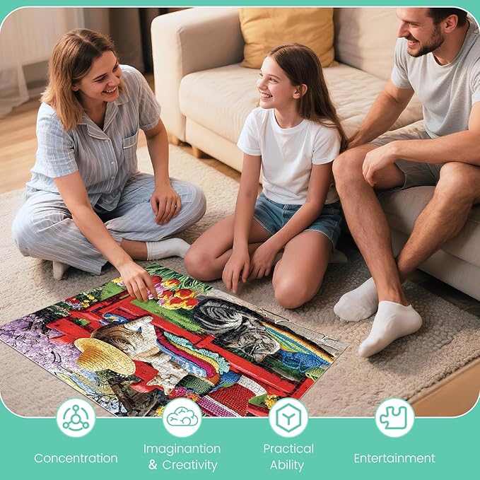 500 Piece Puzzles for Adults, Cats Napping on Red Bench 500 Piece Puzzle, Cat & Garden Jigsaw Puzzle, Perfect for Family Game Night, Home Wall Decor, Ideal Gift for Adults, Kids, Seniors, 20.5 x 15 in