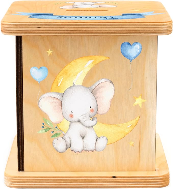 Wooden Piggy Bank for Kids and Adults, Personalized Gift Handmade in USA by BloomOwl, Custom Piggy Bank, Personalized Banks for Kids, Gifts for Baby Boys and Girls (Elephant- Blue)