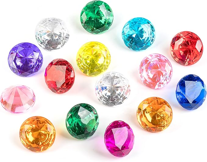 Diving Gem Pool Toy 15 Big Colorful Diamond Set with Big Treasure Chest Pirate Box Underwater Gem Diving Dive Throw Toy Set Swimming Training Gift Toy
