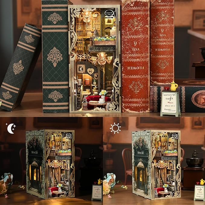 Book Nook Kits for Adults and Teens, DIY Miniature Dollhouse Kit 3D Wooden Puzzle Booknook Bookend with LED Light, Gifts for Family, Friends (Saison Café)