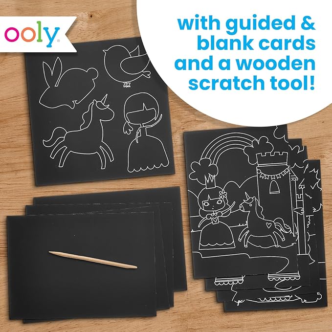 Ooly Scratch & Scribble 10pc Art Kit with 8 Total Scratch Cards (4 Illustrated, 2 Blank, 2 Rainbow) with Scratching Tool and Sparkled Stickers, Art Set Gifts for Kids - Princess Garden