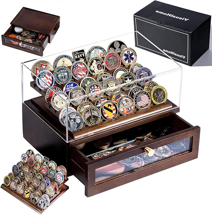 Premium Challenge Coin Display Case for 100 Coins - 360° View & Interchangeable Panels - Military, Police, Fire Fighter Gift for Retirement, Promotion