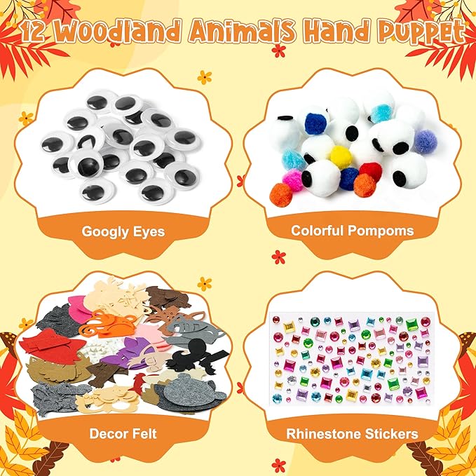 WATINC 12Pcs Hand Puppet Making Kit, Art Craft Felt Sock Puppet Toys, Creative DIY Make Your Own Pompoms Wiggle Googly Eyes Storytelling Role Play Party Supplies Gift for Girls Boys (Woodland Animals)